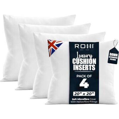 Rohi Pack of 4 Premium Microfibre Cushion Inserts 50cm x 50cm 20x20 inch – Soft & Plump Down Alternative Filled Cushions Inner Pad – Breathable & Hypoallergenic Cushion Pads Set of 4 White Rohi Pack of 4 Premium Microfibre Cushion Inserts 50cm x 50cm 20x20 inch – Soft & Plump Down Alternative Filled Cushions Inner Pad – Breathable & Hypoallergenic Cushion Pads Set of 4 White