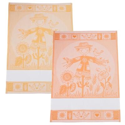 FILET Set of 2 Jacquard Tea Towels with Embroidered Aida Insert, Made in Italy, Scarecrow Design, Orange and Yellow FILET Set of 2 Jacquard Tea Towels with Embroidered Aida Insert, Made in Italy, Scarecrow Design, Orange and Yellow