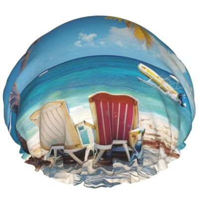 kkvhhyuo Large Waterproof Shower Cap with Adjustable Elastic Band Beach Palm Tree Chairs Boats Print Shower Cap Hair Cover For Women Spa Bathing Swimming Makeup Travel, One Size kkvhhyuo Large Waterproof Shower Cap with Adjustable Elastic Band Beach Palm Tree Chairs Boats Print Shower Cap Hair Cover For Women Spa Bathing Swimming Makeup Travel, One Size