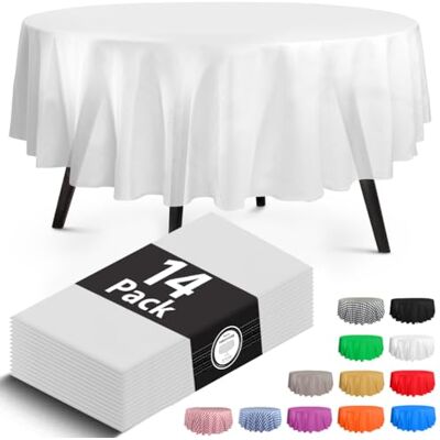 HSGUS 14 Pack Premium Disposable Round White Plastic Tablecloth 48 x 48 in. Round Plastic Tablecloths Colors. Red, Blue, Black, White, Use for Indoor Or Outdoor. Great for Parties, Weddings… HSGUS 14 Pack Premium Disposable Round White Plastic Tablecloth 48 x 48 in. Round Plastic Tablecloths Colors. Red, Blue, Black, White, Use for Indoor Or Outdoor. Great for Parties, Weddings…