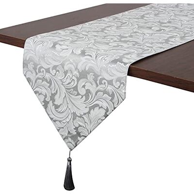 EHouseHome Jacquard Damask Reversible Silver Grey Table Runners with Tassels 13 x 72 inch Wrinkle and Water Resistant Spill-Proof Decorative Dining and Wedding Runners EHouseHome Jacquard Damask Reversible Silver Grey Table Runners with Tassels 13 x 72 inch Wrinkle and Water Resistant Spill-Proof Decorative Dining and Wedding Runners