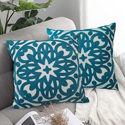 Alysheer Embroidered Decorative Throw Pillow Covers 18"x18" Set of 2 Pieces, Boho Classic Mandala Knit Pattern, Durable 100% Cotton Canvas Cushion Cases for Sofa Couch Living Room Gifts (Teal Blue) Alysheer Embroidered Decorative Throw Pillow Covers 18"x18" Set of 2 Pieces, Boho Classic Mandala Knit Pattern, Durable 100% Cotton Canvas Cushion Cases for Sofa Couch Living Room Gifts (Teal Blue)