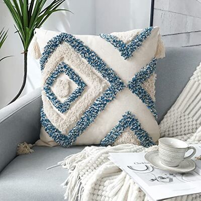 JASEN Blue and Beige Boho Decorative Throw Pillow Cover, Woven Tufted Pillow Cover with Tassels Diamond Pattern Pillow Covers 18x18 for Couch Sofa Bedroom Living Room(No Pillow Insert JASEN Blue and Beige Boho Decorative Throw Pillow Cover, Woven Tufted Pillow Cover with Tassels Diamond Pattern Pillow Covers 18x18 for Couch Sofa Bedroom Living Room(No Pillow Insert