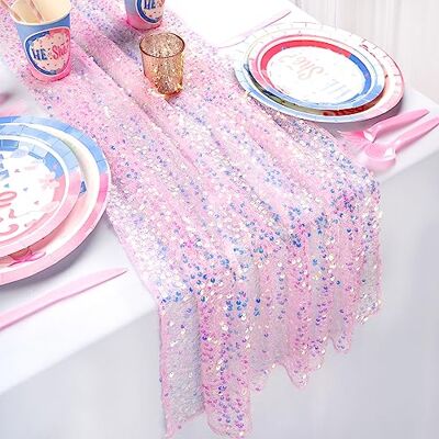 QueenDream Pink Table Runner 10FT Glitter Iridescent Sequin Table Runner 25x120 Inches for Bridal Baby Shower Girls Birthday Party Sweetheart Table Decorations QueenDream Pink Table Runner 10FT Glitter Iridescent Sequin Table Runner 25x120 Inches for Bridal Baby Shower Girls Birthday Party Sweetheart Table Decorations