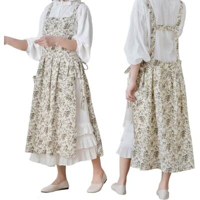TALIBSA Pinafore Apron Dress,Japanese Cotton Linen Cross Back Apron for Women with Pockets,Pinafore Dress with Waist Ties, White Flower TALIBSA Pinafore Apron Dress,Japanese Cotton Linen Cross Back Apron for Women with Pockets,Pinafore Dress with Waist Ties, White Flower