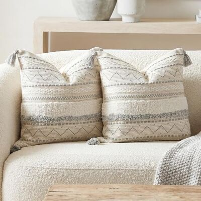 BlissBlush Gray Decorative Throw Pillow Cover 18X18 Combo Set of 2 Square Boho Neutral Grey Accent Pillowcase Tassels Farmhouse Cushion for Couch Sofa Bedroom Living Room Home Décor Cover ONLY BlissBlush Gray Decorative Throw Pillow Cover 18X18 Combo Set of 2 Square Boho Neutral Grey Accent Pillowcase Tassels Farmhouse Cushion for Couch Sofa Bedroom Living Room Home Décor Cover ONLY