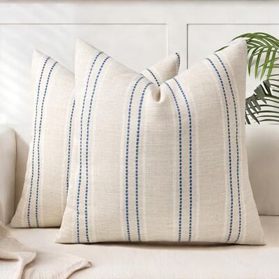 AELS 18x18 Decorative Farmhouse Linen Throw Pillow Covers, Boho Textured Pillow Case, Set of 2,Beige with White & Navy Blue Stitch Yarn Dyed Stripe Cushion Cover for Sofa Couch Living Room(Cover ONLY) AELS 18x18 Decorative Farmhouse Linen Throw Pillow Covers, Boho Textured Pillow Case, Set of 2,Beige with White & Navy Blue Stitch Yarn Dyed Stripe Cushion Cover for Sofa Couch Living Room(Cover ONLY)