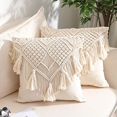KOZYLAND Throw Pillow Covers, Macrame Cushion Case, Woven Boho Cushion Cover for Bed Sofa Couch Bench Car Home Decor, Comfy Square Pillow Cases with Tassels, Set of 2 Decorative Pillowcase (17X17 inch, Cream) KOZYLAND Throw Pillow Covers, Macrame Cushion Case, Woven Boho Cushion Cover for Bed Sofa Couch Bench Car Home Decor, Comfy Square Pillow Cases with Tassels, Set of 2 Decorative Pillowcase (17X17 inch, Cream)