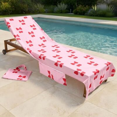 OHS Cherry Bow Sunbed Towels with Pockets, Soft Quick-Dry Absorbent Microfibre Large Beach Towel in a Bag Sun Lounger Beach Towels for Adults Summer Holiday Essentials, 75 x 215cm Pink OHS Cherry Bow Sunbed Towels with Pockets, Soft Quick-Dry Absorbent Microfibre Large Beach Towel in a Bag Sun Lounger Beach Towels for Adults Summer Holiday Essentials, 75 x 215cm Pink