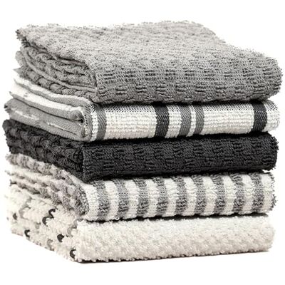 Olivia Rocco 5 Pack Terry Kitchen Tea Towels Cotton Super Absorbent Quick Drying Soft Towel Cloth, Grey Olivia Rocco 5 Pack Terry Kitchen Tea Towels Cotton Super Absorbent Quick Drying Soft Towel Cloth, Grey