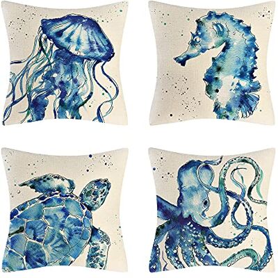 DSLIHA Ocean Beach Throw Pillow Covers Set of 4 Turtle Crab Seahorse Fish Decorative Sea Coastal Theme Decor Cushion Square Pillowcase 45x45cm Beach Pillows for Patio Couch Sofa, Marine Animals DSLIHA Ocean Beach Throw Pillow Covers Set of 4 Turtle Crab Seahorse Fish Decorative Sea Coastal Theme Decor Cushion Square Pillowcase 45x45cm Beach Pillows for Patio Couch Sofa, Marine Animals
