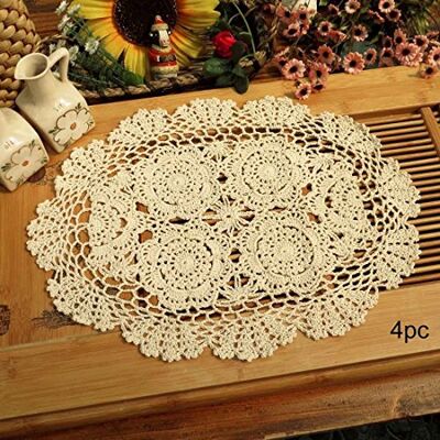 PHANTOMON Lace Doilies Handmade Crochet Placemats Cotton Doilies Cloth Lace, Pack of 4, Oval Shape, 12 x 17 inch (Beige) PHANTOMON Lace Doilies Handmade Crochet Placemats Cotton Doilies Cloth Lace, Pack of 4, Oval Shape, 12 x 17 inch (Beige)