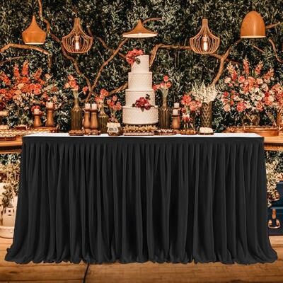 WedDecor Black Table Skirt 17 Feet (204 x 30 inch) Pleated Rectangle Polyester Stretchable Tablecloth Cover For Wedding, Restaurant, and Special Events Dining Table Decoration, Luxury Table Cover, 1pc WedDecor Black Table Skirt 17 Feet (204 x 30 inch) Pleated Rectangle Polyester Stretchable Tablecloth Cover For Wedding, Restaurant, and Special Events Dining Table Decoration, Luxury Table Cover, 1pc