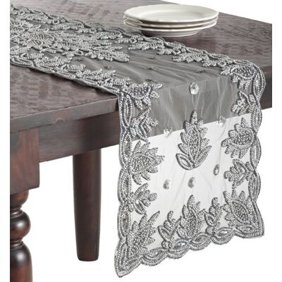SARO LIFESTYLE Pewter Hand Beaded Design Table Runner, 16" x 72 SARO LIFESTYLE Pewter Hand Beaded Design Table Runner, 16" x 72