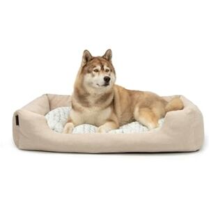 lionto Dog basket with fluffy reversible cushion, cosy pet bed in mottled design with low entry for dogs & cats, 110x80 cm, soft dog cushion, beige lionto Dog basket with fluffy reversible cushion, cosy pet bed in mottled design with low entry for dogs & cats, 110x80 cm, soft dog cushion, beige