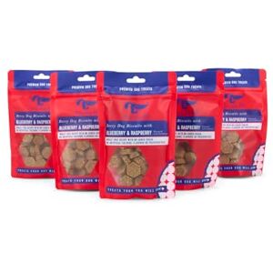 Petface Dog Deli Fruity Biscuits Dog Treats with Blueberry & Raspberry, Wheat Free, Hand baked in the UK, 120 g (Pack of 5) Petface Dog Deli Fruity Biscuits Dog Treats with Blueberry & Raspberry, Wheat Free, Hand baked in the UK, 120 g (Pack of 5)