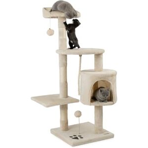 lionto Scratching tree for cats with 2 plush balls & play rope, height 112 cm, cat tree with sisal rope & plush, cozy lying area & cave, incl. wall mount, for small & large cats, beige lionto Scratching tree for cats with 2 plush balls & play rope, height 112 cm, cat tree with sisal rope & plush, cozy lying area & cave, incl. wall mount, for small & large cats, beige