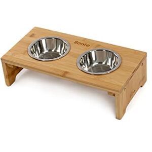 lionto Raised dog bowl out of robust & easy-care bamboo, 40x20x10 cm, double food bowl for dogs & cats, 2 stainless steel bowls Ø 11 cm & 350 ml capacity each, non-slip & easy on the joints lionto Raised dog bowl out of robust & easy-care bamboo, 40x20x10 cm, double food bowl for dogs & cats, 2 stainless steel bowls Ø 11 cm & 350 ml capacity each, non-slip & easy on the joints
