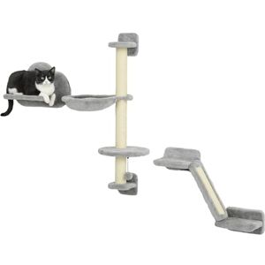 PawHut Cat Wall Furniture with Hammock, Platforms, Ladder, Scratching Post Grey PawHut Cat Wall Furniture with Hammock, Platforms, Ladder, Scratching Post Grey