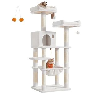 Feandrea Cat Tree, 143 cm Cat Tower for Indoor Cats, Multi-Level Plush Cat Condo with 11 Scratching Posts, Perches, Cave, Hammock, Pompoms, Cream White PCT015W02 Feandrea Cat Tree, 143 cm Cat Tower for Indoor Cats, Multi-Level Plush Cat Condo with 11 Scratching Posts, Perches, Cave, Hammock, Pompoms, Cream White PCT015W02