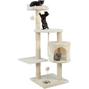 lionto Scratching tree for cats with 2 plush balls & play rope, height 112 cm, cat tree with sisal rope & plush, cozy lying area & cave, incl. wall mount, for small & large cats, beige/white lionto Scratching tree for cats with 2 plush balls & play rope, height 112 cm, cat tree with sisal rope & plush, cozy lying area & cave, incl. wall mount, for small & large cats, beige/white