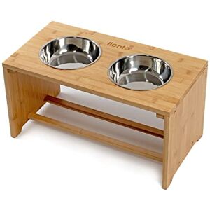 lionto Raised dog bowl out of robust & easy-care bamboo, 50x26x26 cm, double food bowl for dogs & cats, 2 stainless steel bowls Ø 18 cm & 1,2 L capacity each, non-slip & easy on the joints lionto Raised dog bowl out of robust & easy-care bamboo, 50x26x26 cm, double food bowl for dogs & cats, 2 stainless steel bowls Ø 18 cm & 1,2 L capacity each, non-slip & easy on the joints