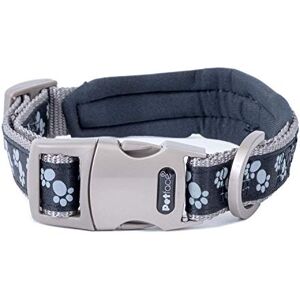 Petface Signature Padded Dog Collar, Large, Black With Grey Paws Petface Signature Padded Dog Collar, Large, Black With Grey Paws