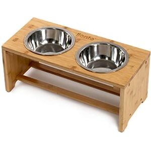 lionto Raised dog bowl out of robust & easy-care bamboo, 44x20x19 cm, double food bowl for dogs & cats, 2 stainless steel bowls Ø 14 cm & 550 ml capacity each, non-slip & easy on the joints lionto Raised dog bowl out of robust & easy-care bamboo, 44x20x19 cm, double food bowl for dogs & cats, 2 stainless steel bowls Ø 14 cm & 550 ml capacity each, non-slip & easy on the joints