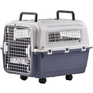 Lanco Portable and Breathable Plastic Large Dog Carrier. For Pets Dogs. Resistant material. 35x24x29 inches (L*W*H). Two Handles. Gray and White Color. Lanco Portable and Breathable Plastic Large Dog Carrier. For Pets Dogs. Resistant material. 35x24x29 inches (L*W*H). Two Handles. Gray and White Color.