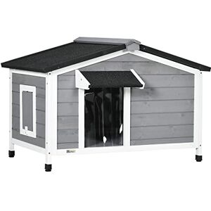 PawHut Wooden Dog Kennel Outdoor, Elevated Dog House for Outside, with Openable Top, Asphalt Roof, Windows, Curtain, Removable Tray, Adjustable Legs, 65H x 97L x 72Wcm, Grey PawHut Wooden Dog Kennel Outdoor, Elevated Dog House for Outside, with Openable Top, Asphalt Roof, Windows, Curtain, Removable Tray, Adjustable Legs, 65H x 97L x 72Wcm, Grey
