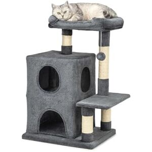 lionto Scratching tree for cats with 2 caves & cozy lying area, height 80 cm, cat tree with plush ball incl. bell, with sisal rope & plush, suitable for small & large cats, dark grey lionto Scratching tree for cats with 2 caves & cozy lying area, height 80 cm, cat tree with plush ball incl. bell, with sisal rope & plush, suitable for small & large cats, dark grey