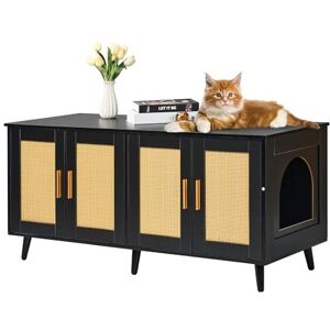 VEVOR Cat Litter Enclosure for 2 Cats, Hidden with Rattan Decorated Doors, Wooden Cat Cabinet Fit Most Litter Box, 47.2"L x 19.7"W x 21.7"H, Black VEVOR Cat Litter Enclosure for 2 Cats, Hidden with Rattan Decorated Doors, Wooden Cat Cabinet Fit Most Litter Box, 47.2"L x 19.7"W x 21.7"H, Black