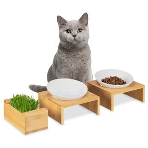 Relaxdays Cat Feeding Station, with Pet Grass, 2 Ceramic Bowls 350 ml each, Dishwasher Safe, Stand, Natural/White, Bamboo, 12 x 19 x 19 cm Relaxdays Cat Feeding Station, with Pet Grass, 2 Ceramic Bowls 350 ml each, Dishwasher Safe, Stand, Natural/White, Bamboo, 12 x 19 x 19 cm