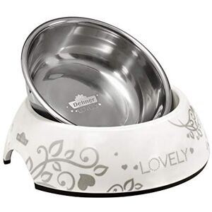 Dehner Premium Lovely Cat Bowl, Diameter 14 cm, Height 4.7 cm, 160 ml, Dishwasher Safe, Melamine/Stainless Steel/Rubber, White Dehner Premium Lovely Cat Bowl, Diameter 14 cm, Height 4.7 cm, 160 ml, Dishwasher Safe, Melamine/Stainless Steel/Rubber, White