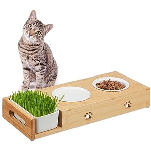 Relaxdays Cat Feeding Station, with Pet Grass, 2 Ceramic Bowls 250 ml each, Dishwasher Safe, Stand, Natural/White, Bamboo, 6.5 x 44 x 18 cm Relaxdays Cat Feeding Station, with Pet Grass, 2 Ceramic Bowls 250 ml each, Dishwasher Safe, Stand, Natural/White, Bamboo, 6.5 x 44 x 18 cm