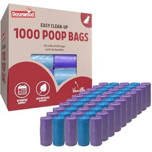 Rosewood Dog Poo Bags with Handles 1000 Easy Clean-Up Poop Bags, 50 Refill Rolls of Dog Waste Bags with Tie Handles, Vanilla Scented, Made with Recycled Plastic Rosewood Dog Poo Bags with Handles 1000 Easy Clean-Up Poop Bags, 50 Refill Rolls of Dog Waste Bags with Tie Handles, Vanilla Scented, Made with Recycled Plastic