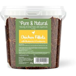 Pure & Natural Superfoods Air Dried Chicken Fillets Treats with Blueberries & Cranberries Dog Treats UK for Skin and Coat Tub 500g Pure & Natural Superfoods Air Dried Chicken Fillets Treats with Blueberries & Cranberries Dog Treats UK for Skin and Coat Tub 500g