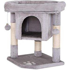lionto Scratching tree for cats with cave & 2 plush balls incl. bells, height 60 cm, cat tree with robust sisal rope & soft plush, cozy lying surface, for small & large cats, light grey lionto Scratching tree for cats with cave & 2 plush balls incl. bells, height 60 cm, cat tree with robust sisal rope & soft plush, cozy lying surface, for small & large cats, light grey