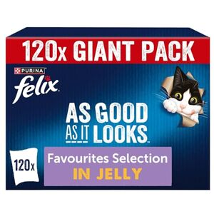 Felix As Good As it Looks Adult Wet Cat Food Favourites Selection in Jelly Salmon, Tuna, Beef, Chicken 120 x 85g Pouches Felix As Good As it Looks Adult Wet Cat Food Favourites Selection in Jelly Salmon, Tuna, Beef, Chicken 120 x 85g Pouches