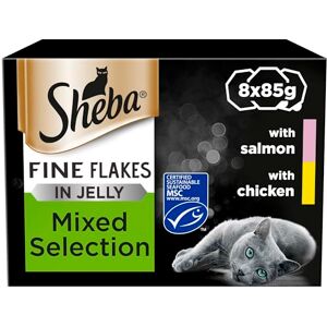 Sheba Fine Flakes Cat Food Tray Collection with Salmon & Chicken in Jelly 8x85g Sheba Fine Flakes Cat Food Tray Collection with Salmon & Chicken in Jelly 8x85g