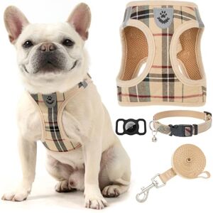EXPAWLORER Classic Plaid Puppy Harness Small Dog Collar and Lead Set with AirTag Holder Soft Adjustable Step in Pet Vest Harness No Pull, Reflective Escape Proof for Outdoor Walking, Khaki S EXPAWLORER Classic Plaid Puppy Harness Small Dog Collar and Lead Set with AirTag Holder Soft Adjustable Step in Pet Vest Harness No Pull, Reflective Escape Proof for Outdoor Walking, Khaki S