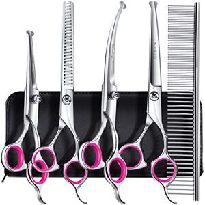 Gimars 4CR Stainless Steel Safety Round Tip 6 in 1 Professional Dog Grooming Scissors Kit, Heavy Duty Titanium Coated Straight & Thinning & Curved Shears & Comb Set for Dog & Cat Grooming, Pink Gimars 4CR Stainless Steel Safety Round Tip 6 in 1 Professional Dog Grooming Scissors Kit, Heavy Duty Titanium Coated Straight & Thinning & Curved Shears & Comb Set for Dog & Cat Grooming, Pink