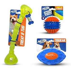 Nerf Dog Three Toy Gift Set: Spike Squeak Ball, Treat Tug Bone, and EXO Squeak Football Gift Set Nerf Dog Three Toy Gift Set: Spike Squeak Ball, Treat Tug Bone, and EXO Squeak Football Gift Set