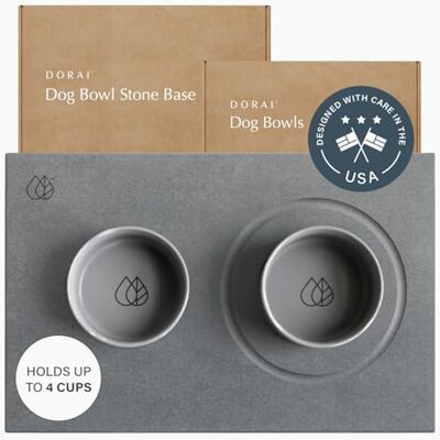 Dorai Home Dog Bowls + Stone Base Set – Modern and Stylish Pet Feeding Station – Non-Slip, Quick Drying Base with Diatomaceous Earth – Includes 2 Bowls and Base – Slate Dorai Home Dog Bowls + Stone Base Set – Modern and Stylish Pet Feeding Station – Non-Slip, Quick Drying Base with Diatomaceous Earth – Includes 2 Bowls and Base – Slate
