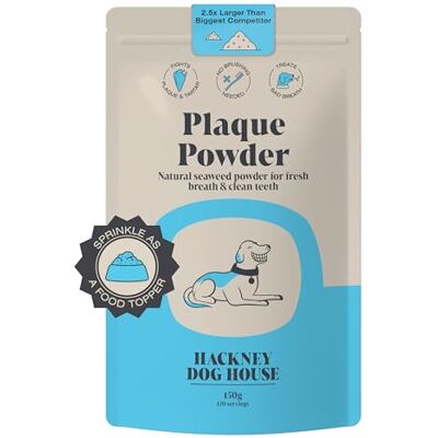 Hackney Dog House Plaque Off Seaweed Powder for Dogs 150g Dental 120 servings. Natural kelp that fights plaque & tartar and freshens breath. No brushing. Made in the UK. Hackney Dog House Plaque Off Seaweed Powder for Dogs 150g Dental 120 servings. Natural kelp that fights plaque & tartar and freshens breath. No brushing. Made in the UK.