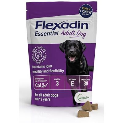 Flexadin Essential Joint Care Supplement for Adult Dogs containing Undenatured Type II Collagen, Omega 3 & Vitamin E/Promoting long-term joint health, mobility & flexibility / 30 chew pack Flexadin Essential Joint Care Supplement for Adult Dogs containing Undenatured Type II Collagen, Omega 3 & Vitamin E/Promoting long-term joint health, mobility & flexibility / 30 chew pack