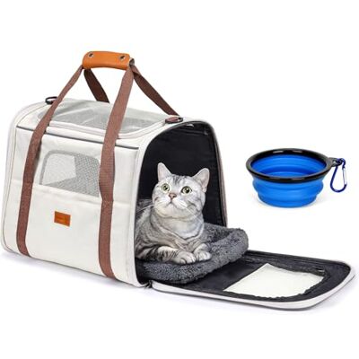 Morpilot Cat Carrier Airline Approved, Top Opening Portable Dog Bag with Breathable Mesh/Removable Mat, Adjustable Shoulder Strap & Bowl, Foldable Travel Cage, L, Beige (Max 9kg) Morpilot Cat Carrier Airline Approved, Top Opening Portable Dog Bag with Breathable Mesh/Removable Mat, Adjustable Shoulder Strap & Bowl, Foldable Travel Cage, L, Beige (Max 9kg)