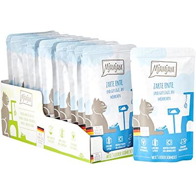 MjAMjAM premium wet food for cats Quetschie tender duck & poultry with delicious carrots, pack of 12 (12 x 125 g), grain-free with extra meat MjAMjAM premium wet food for cats Quetschie tender duck & poultry with delicious carrots, pack of 12 (12 x 125 g), grain-free with extra meat