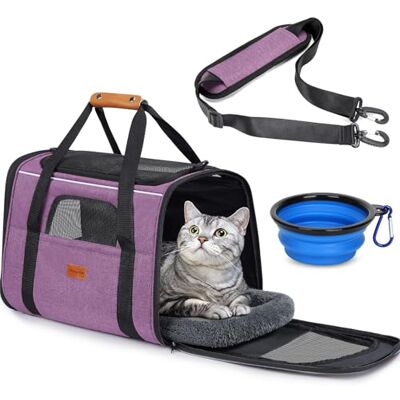 Morpilot Cat Carrier Airline Approved, Top Opening Portable Dog Bag with Breathable Mesh/Removable Mat, Adjustable Shoulder Strap & Bowl, Foldable Travel Cage, M, Deep Purple (Max 7kg) Morpilot Cat Carrier Airline Approved, Top Opening Portable Dog Bag with Breathable Mesh/Removable Mat, Adjustable Shoulder Strap & Bowl, Foldable Travel Cage, M, Deep Purple (Max 7kg)