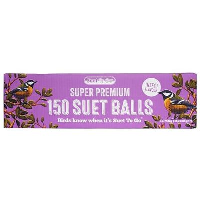 Suet To Go Unipet Insect Suet Balls for Wild Birds, 150 x 85g Bulk case of 150 high-energy insect suet balls for year-round garden-bird feeding. Suet To Go Unipet Insect Suet Balls for Wild Birds, 150 x 85g Bulk case of 150 high-energy insect suet balls for year-round garden-bird feeding.